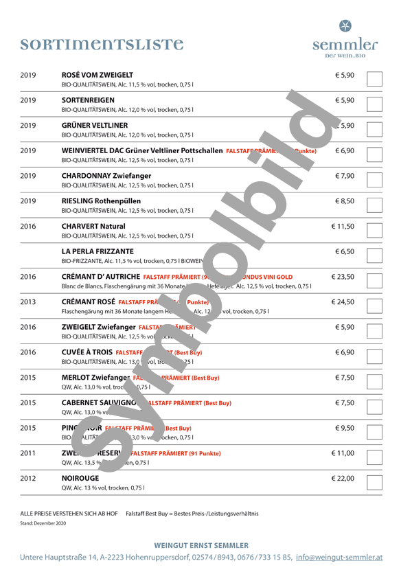 Sortimentsliste Weingut Ernst Semmler